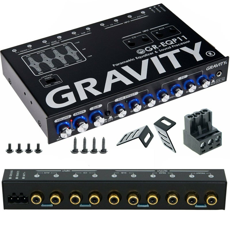 Gravity GR-EQP11 Digital Bass Machine 1/2 Din 9V 4-Way Car Parametric Equalizer w/Front, Rear + Sub Output and Night Illumination - Image 1